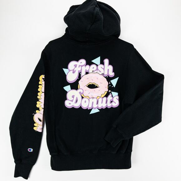 Champion Reverse Weave Hoodie Men’s Small Fresh Donuts Graphic Black Pullover - Picture 10 of 12
